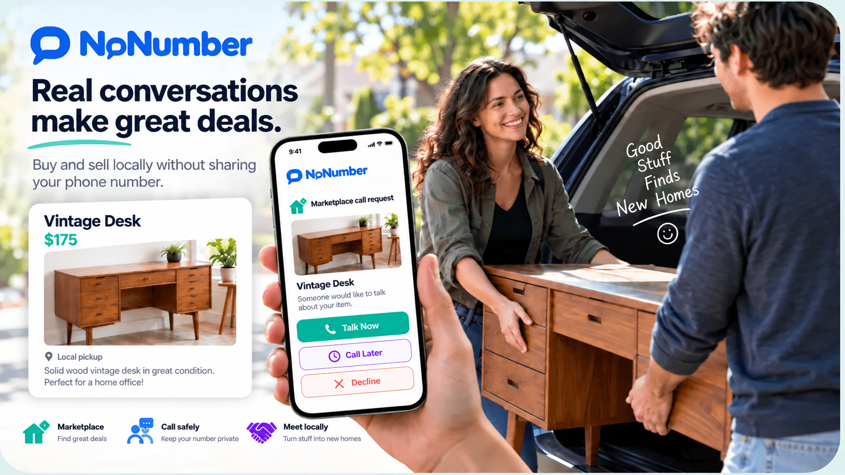NoNumber Marketplace graphic showing a buyer and seller meeting locally, with the message Real conversations make great deals